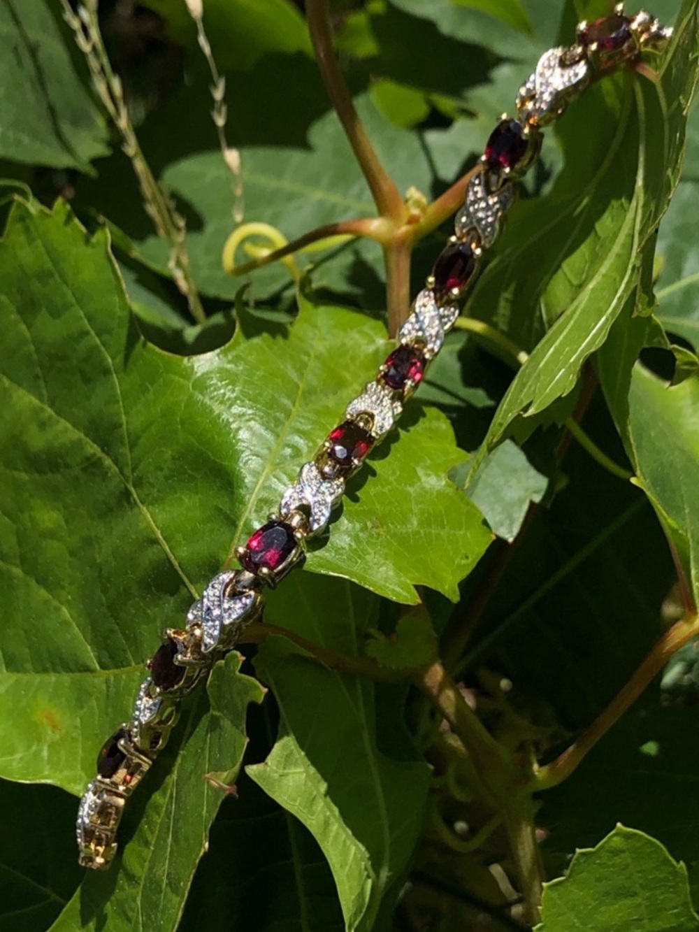 Sterling Natural Garnet Diamond Cut Crossover Vermeil Gold Tennis Bracelet